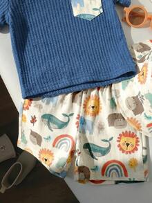 SHEIN 3件組中性嬰兒男童女童幼童男童3件/套 春夏可愛動物印花短袖T恤針織上衣與短褲及帽子套裝多件組，春夏嬰兒男童服裝套裝，嬰兒男童短袖上衣 - 彩色 - 查看 3