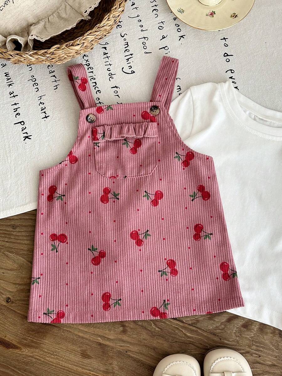 SHEIN LMoss Kids 女嬰編織燈芯絨櫻桃圖案背心裙，加厚燈芯絨面料，適合秋冬穿著 - 藕粉色 - 查看 1