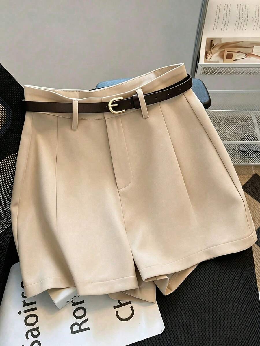 SHEIN PETITE 女款優雅素色百褶拉鍊開襟短褲,適合商務職場穿著 - 卡其色 - 查看 1