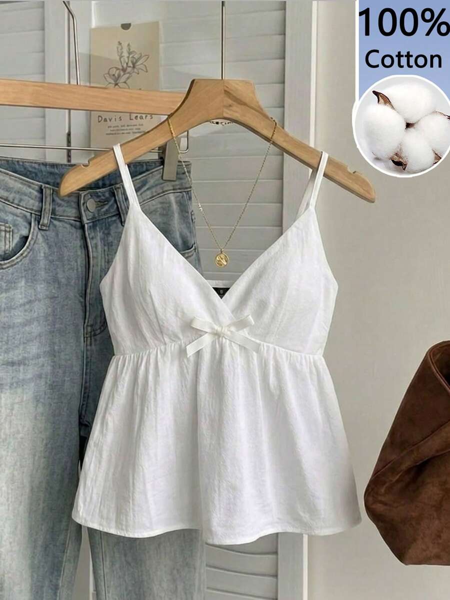 Tseoso Áo ba lỗ nữ 100% cotton cổ chữ V thắt nơ phong cách casual đi chơi – Đa năng mặc mùa hè & quanh năm, phong cách Soft Girl & Clean Girl Y2K Retro Vintage dễ thương, lễ hội phương Tây, hẹn hò ngọt ngào & trà chiều, mặc nhà thường ngày, đi học lại, hoàn hảo cho du lịch nghỉ dưỡng xuân/hè, streetwear & dạo phố - Nhiều màu - Xem 1