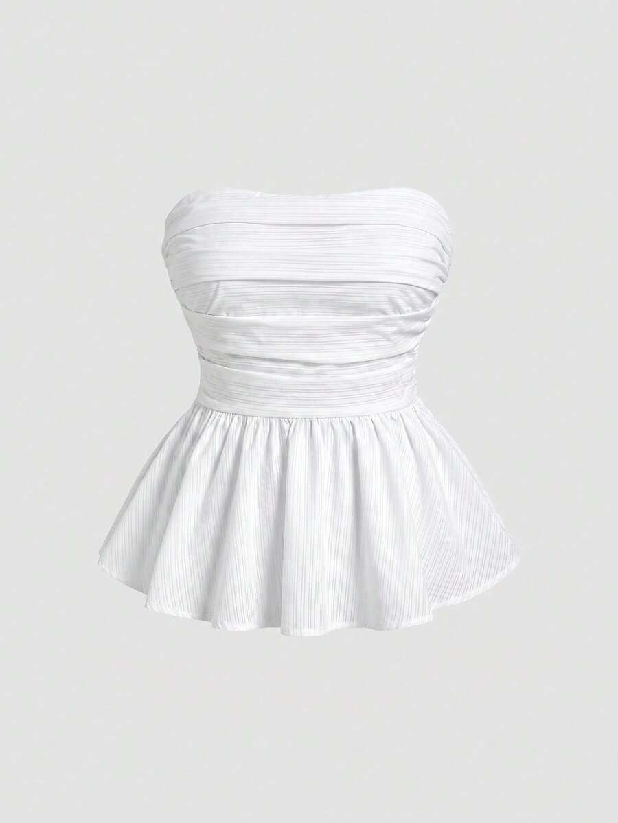 SHEIN MOD 大尺碼女款無肩帶條紋貼身娃娃上衣 - 白色 - 查看 1