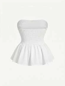 SHEIN MOD 大尺碼女款無肩帶條紋貼身娃娃上衣 - 白色 - 查看 2