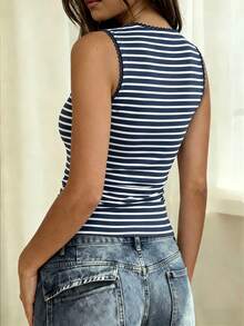 INAWLY Women Striped Swan Neck Fitted Casual Versatile Tank Top - Multicolor - View 2