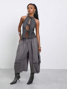 COUREZ Halter Pinstripe Tie Front Top /Y2K Sexy Rave Club Night Out Open Front Blouse Women's Summer Outfits Autumn Sleeveless Tops Light Grey - Dark Grey - View 5