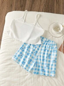 SHEIN 女童快乐图案短袖短裤吊带睡衣套装，适合秋季、冬季及所有季节 - 藍色 - 查看 2