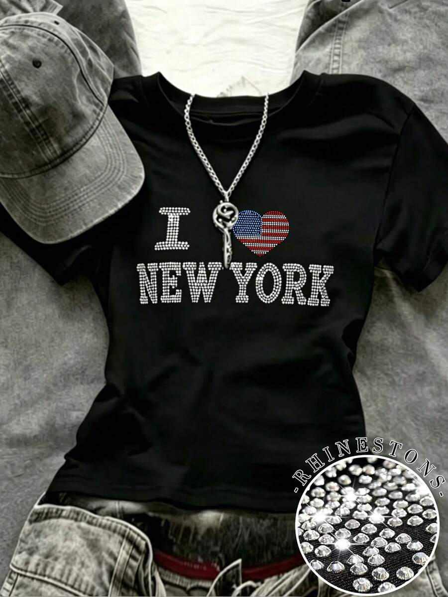 BamGleam 夏季素色 I Love New York 心形印花英文字母水鑽亮面休閒時尚寬鬆短袖T恤 - 藏蓝色 - 查看 1
