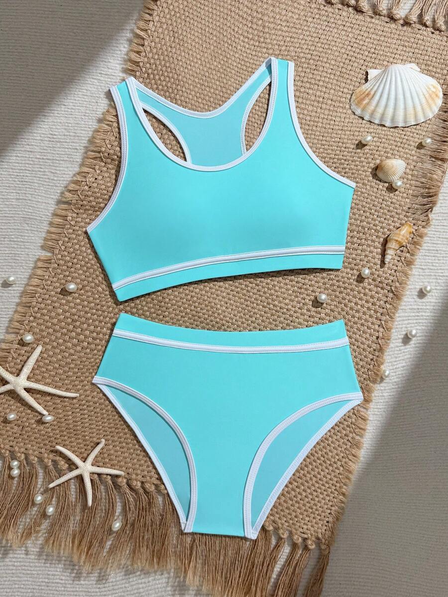 Teen Girl Colorblock Tank Top And Triangle Bikini Bottom Swimsuit Set For Beach Vacation - Mint Blue - View 1