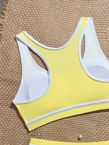 SHEIN Tween Girl White Contrast Trim Round Neck Tank Top And Triangle Bikini Bottom Swimsuit Set - Yellow - View 4