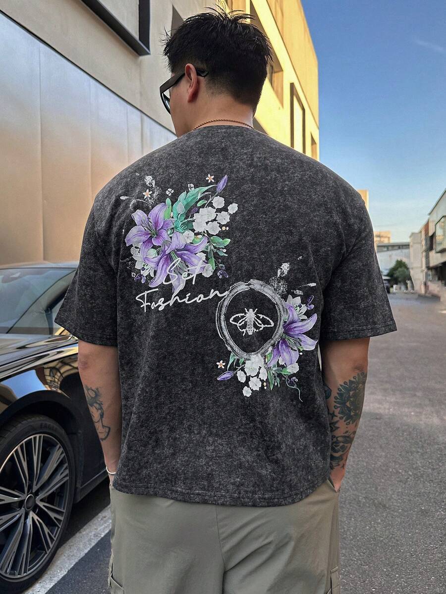 DAZY 男士花卉印花休閒百搭日常旅行水洗短袖T恤 - 深灰色 - 查看 1