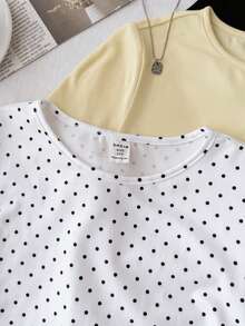 SHEIN Surprise Box[Random 5 Items, Send 3 Items], Tween Girl Polka Dot Pattern & Solid Color Knit Fitted Waist Gathered T-Shirts 3pcs Set - Multicolor - View 4