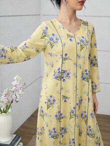 Al Najma Women's Floral Print V-Neck Long Sleeve Arabian Dress - Yellow - View 4