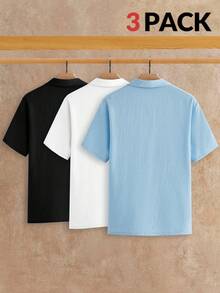 AKNOTIC 3件組男士簡約商務休閒冰絲觸感短袖 Polo 衫，夏季度假適用，父親節禮物，淺藍色、白色、黑色，足球風格 - 彩色 - 查看 2