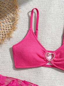 SHEIN Girls' Cute 3 PiecesSeparates Swimsuit With Sheer Cover-Up/Ruffle Trim - Hot Pink - View 4
