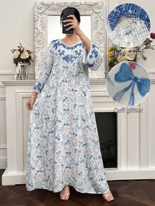Al Najma Loose Fit White & Blue Butterfly Print Embellished Long Dress, Spring/Summer - Multicolor - View 8