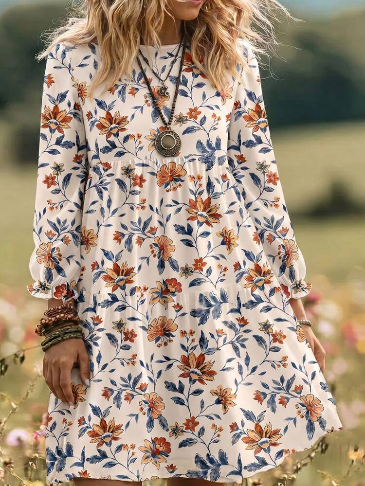 Women's Elegant Plant Pattern Smock Dress With Flared Ruffle Hem And Round Neck Long Sleeves Knee Length For Bohemian Style,Casual