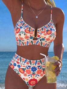 Swim Lushoire Einteiliger Badeanzug mit hoher Taille und Blume Muster, beliebter Frühlings-/Sommerstil - Verschiedenfarbig - Übersicht 3