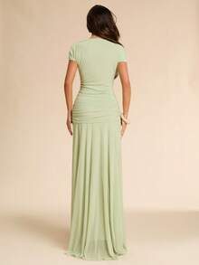 SHEIN BAE Asymmetric Ruched Fitted Long Dress, Green, Suitable For Wedding Guest,Dresses For Women Summer - Green - View 2