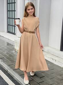 SHEIN Tween女孩棕色系夏季優雅度假連身裙，不對稱單肩設計附腰帶，A字版型，適合日常穿著的休閒優雅洋裝 - 棕色 - 查看 10