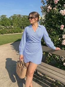 SHEIN MOD Đầm sơ mi kẻ sọc cỡ lớn, thanh lịch, phù hợp cho sinh viên và công sở. - Màu xanh lam - Xem 1