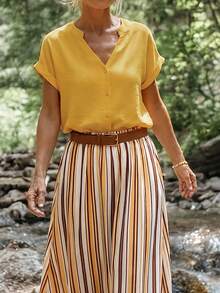 Balvessa Middle-Aged And Elderly Women's Solid Color Notch V-Neck Top And Soft Yellow Patchwork Skirt Casual Soft Form Daily Set Summer Dates - Yellow - View 3