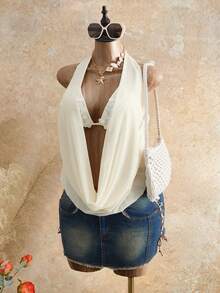 Femesol Draped Neckline Sequin Embroidered Elegant Tropical Sexy Women's Blouse Suitable For Beach Vacation Casual Daily Travel Outfits Cream White Summer - Apricot - View 5