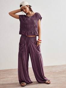 Bohemela Casual Boho Solid Color Knit Round Neck Loose T-Shirt Low Waist Loose Wide Leg Long Pants Women's 2 Pieces Set Travel Dusty Purple Summer - Dusty Purple - View 5