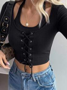 DAZY Women Spring Design Sense Cross Strap Tight Crop Top With Long Sleeve And Hollow Out Stripes Going Out Tops Women - Black - View 9