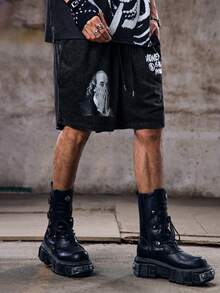 Skyrend Pantalones cortos estampados para hombres con efecto desgastado, con retratos de Franklin y patrones con temática de dinero, adecuados para el estilo casual de calle en verano - Negro - Ver 5