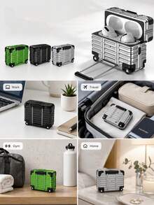 Haus Hana Earphone Case And Phone Holder Two In One Storage Box, Luggage Designed Headphone Storage Box, Luggage Shaped Design, Handle Pull Open To Reach Phone Holder, Apple Headphone Protective Cover, Headphone Protective Bracket. - Multicolor - View 9
