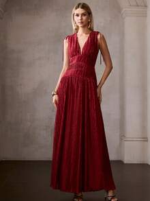 MOTF PREMIUM WOMEN'S SOLID COLOR TEXTURED FABRIC PLEATED KNOT SLEEVELESS FITTED WAIST DRESS - Red - View 4