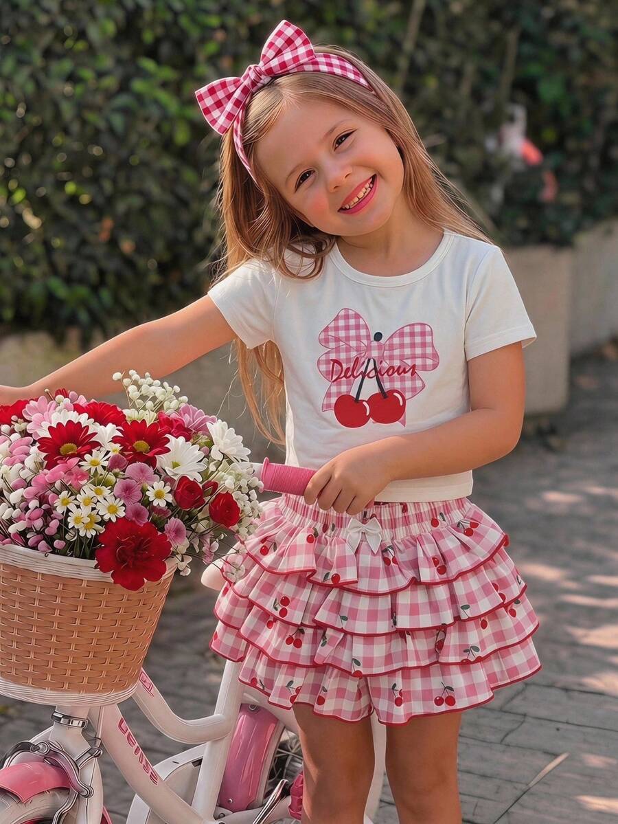 LMoss Kids Young Girl Summer Casual Sweet Cute Plaid Bow Cherry Letter Print Short Sleeve T-Shirt And Multi-Layer Ruffle Skort Set - Multicolor - View 1