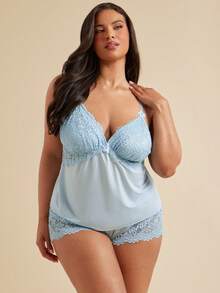 SHEIN BAE CURVE 蕾丝拼布高弹针织性感露背吊带背心和短裤睡衣套装，加大码 - 淺藍色 - 查看 4