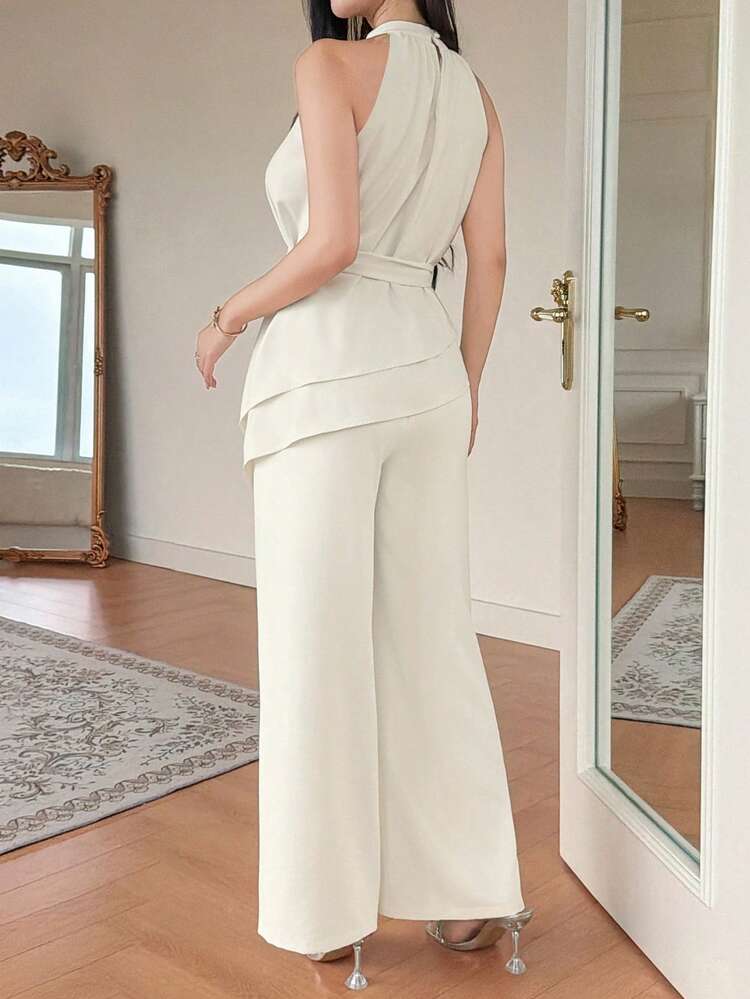 Elegant Sleeveless Top And Straight Leg Pants 2 Pieces Set For Women, Spring/Summer