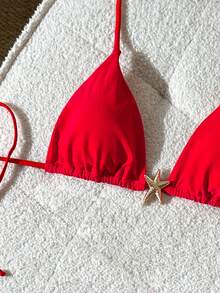 Swim Vcay Women's Spring/Summer Solid Color Halter Neck Metal Decor Bikini Top - Red - View 4