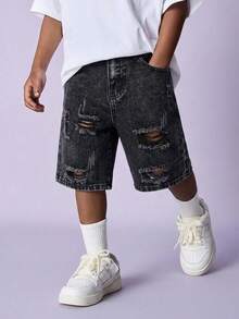 SHEIN Little Byeori Quần short denim túi rách cho bé trai tuổi teen - màu đen - Xem 1