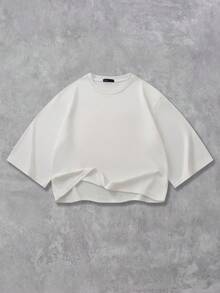 ROMWE MEN Men's Letter Print Crew Neck Loose Fit Pullover T-Shirt - White - View 3