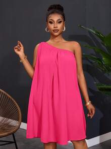 Slaydiva Plus Size Women's One Shoulder Sleeveless Solid Color Wide Leg Dress - Hot Pink - View 3