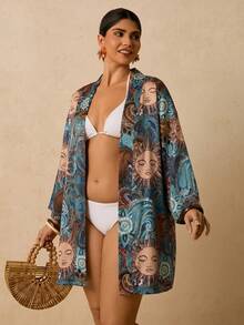 Travachic Plus Size Women's Navy Blue Ocean Fish Print Cover-Up, Mid-Length Sleeve Loose Kimono Top, Romantic Boho Early Summer Beach Vacation Hot Pattern Shirt - Multicolor - View 5