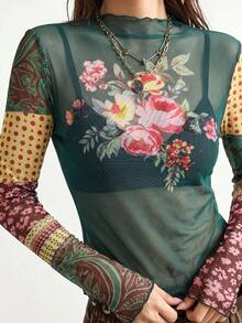 Bohemela 女款花卉印花休閒百搭長袖上衣，適合日常穿著 - 墨綠色 - 查看 5