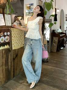 DAZY Women's Asymmetric One-Shoulder Ruffle Mesh Embroidered Casual Blouse Summer - White - View 6