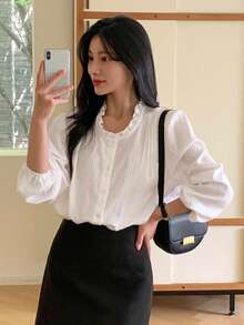 DAZY 寬鬆條紋長袖休閒度假夏季女款襯衫 - 白色 - 查看 6