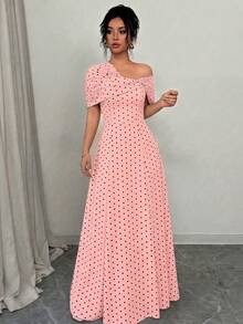 SHEIN Elenzya 不對稱肩部抓皺腰身A字優雅浪漫女款洋裝 - 彩色 - 查看 3