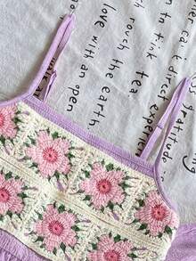 Emery Rose Kids Emery Rose Kids 女童钩针花卉荷叶边吊带背心和裤子套装 - 紫色 - 查看 8