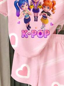 2件/套 少女甜美風 柔粉色 K-POP卡通可愛女孩與愛心圖案 少女休閒舒適圓領短袖T恤與短褲套裝 適合春夏日常穿著、外出、度假、校園、運動 - 彩色 - 查看 6