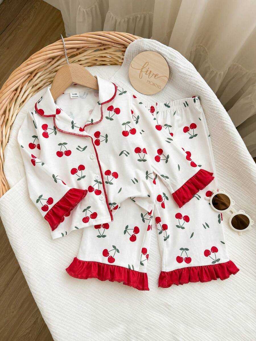 Dozemod Baby Girl Sweet Simple Fruit Pattern Turn-Down Collar Button-Up Ruffle Decor Long Sleeve Long Pants Comfortable Skin-Friendly Knit Pajama Set 2pcs - Red and White - View 1