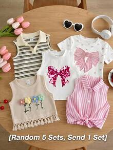 SHEIN LMoss Kids 少女純色草莓圖案無袖針織背心上衣，適合度假、外出、派對及其他場合 - 杏色 - 查看 2