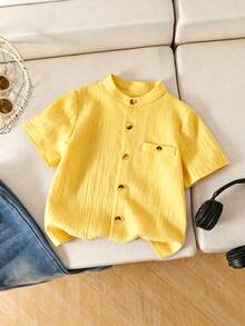 SHEIN Genkimix Kids Young Boy Stand Collar Short Sleeve Yellow Shirt With Pocket - Yellow - View 4