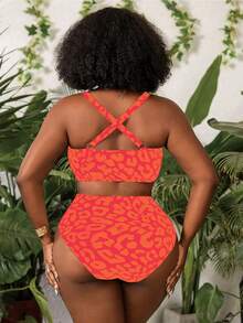 Slaydiva Women's Plus Size 2pcs Leopard Print V-Neck High Waist Triangle Bikini Set Vacation Tank Style Swimsuit Orange Summer Beach Sexy - Multicolor - View 2