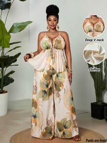 Maweii Damen Große Größen Set aus geraffeltem Cami Top-Top mit Blume Muster und weiter Hose, Lässig Outfit - Verschiedenfarbig - Übersicht 3