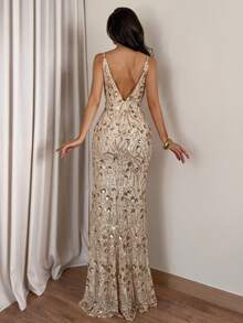 Glamine Women's Extra Long Dress, Elegant Formal Gown, Spaghetti Strap Backless Bodycon Dress, Sequin Embroidered Dress, Suitable For Party, Wedding, Ceremony - Champagne - View 5